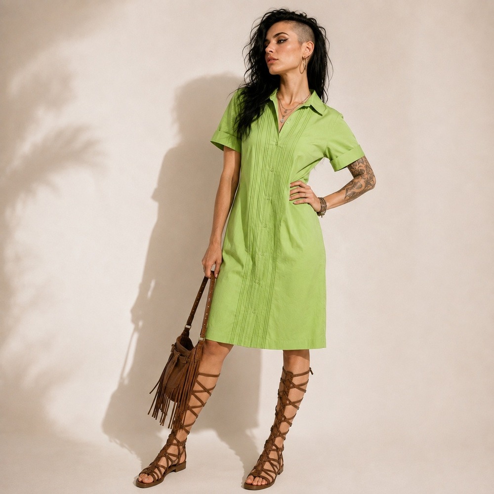 Vintage 70s Green Shift Shirt Dress Green Large